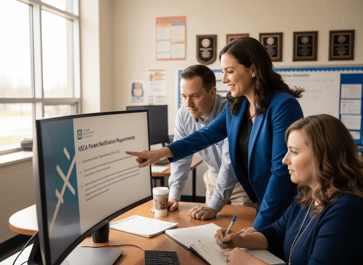 Nebraska district communication staff reviewing NSCAS parent notification requirements on computer