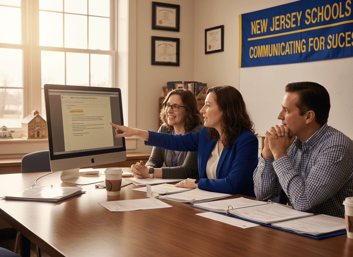 New Jersey district communication staff reviewing NJSLA parent notification requirements on computer