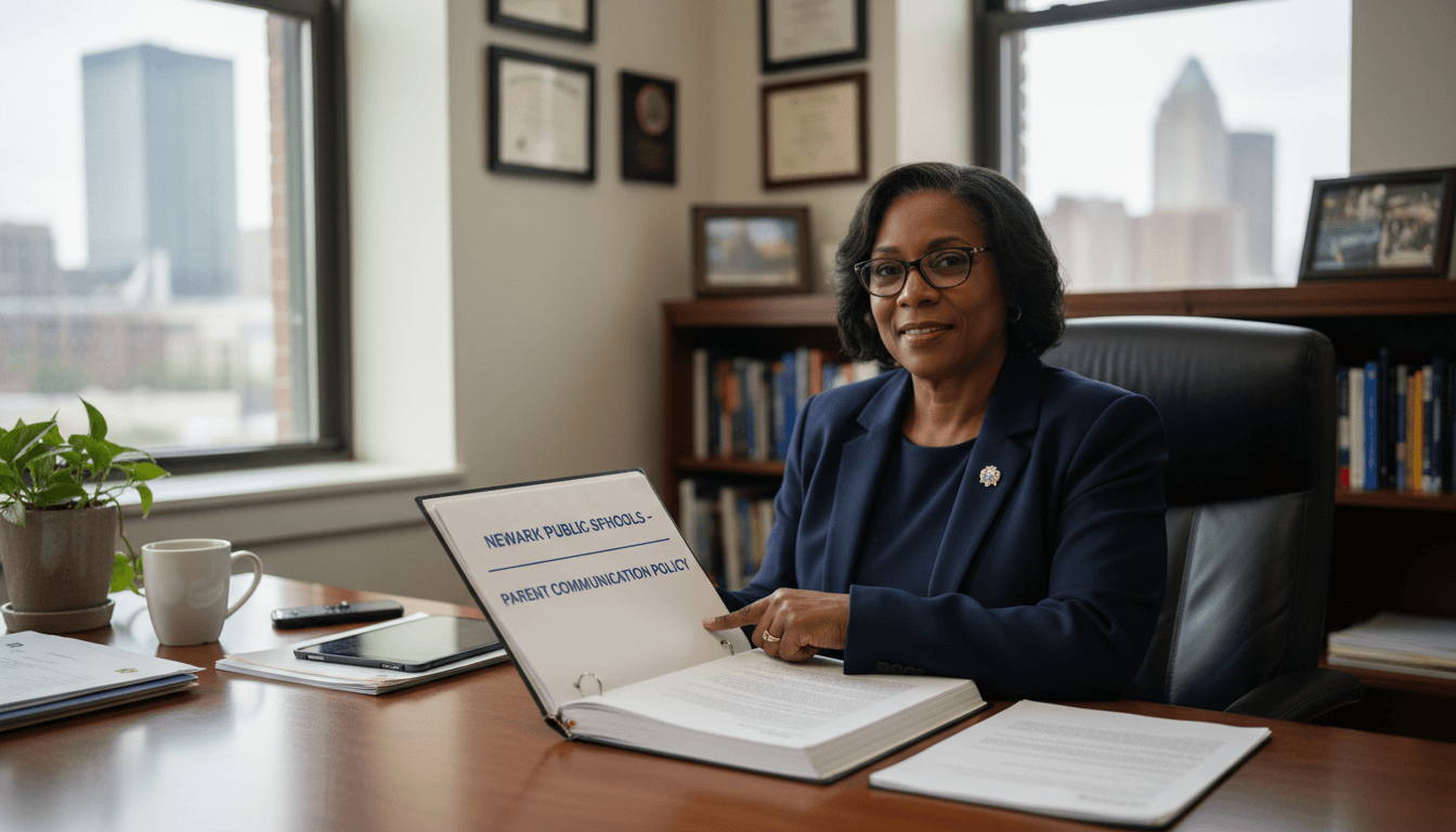 New Jersey school district administrator reviewing parent communication policy binder in Newark district office