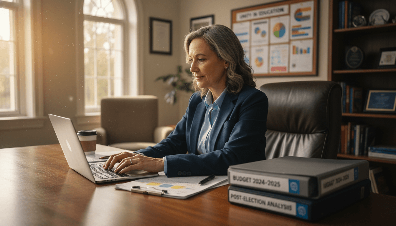 District superintendent preparing a post-election budget communication statement at a desk
