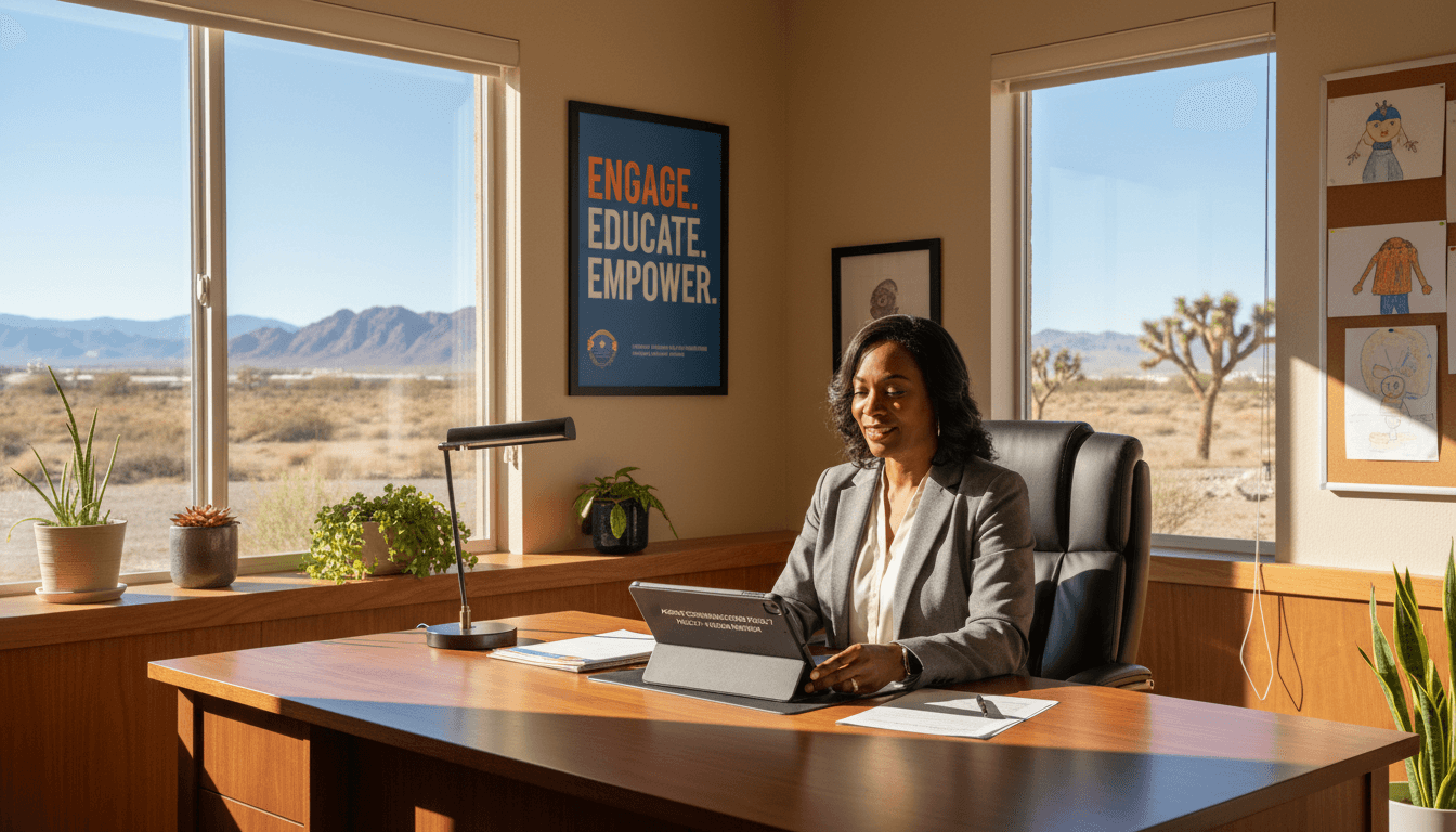 Nevada school district administrator reviewing parent communication policy in Las Vegas district office with desert landscape