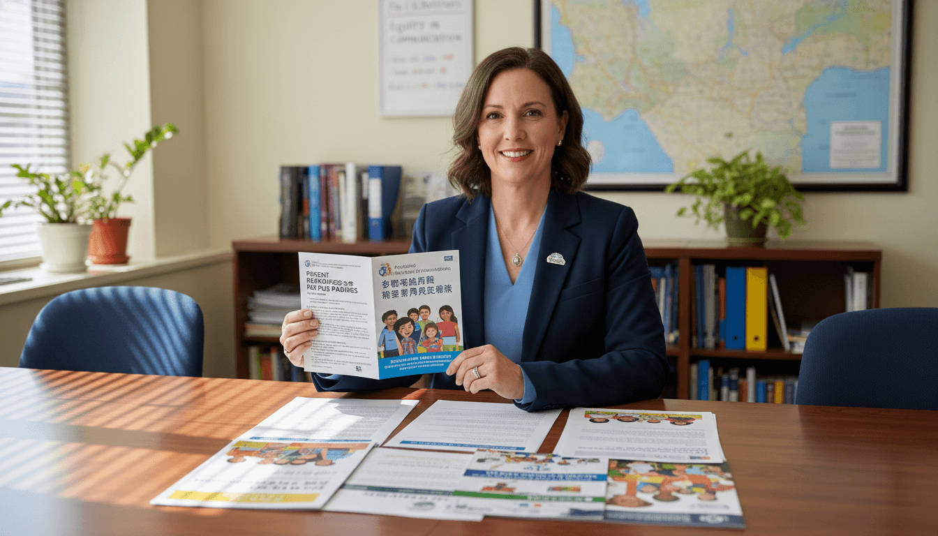 Oregon school district administrator reviewing multilingual parent communication materials in Portland district office