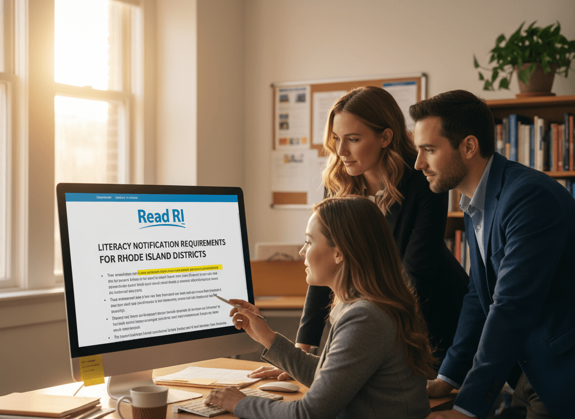 Rhode Island district staff reviewing Read RI literacy notification requirements on computer