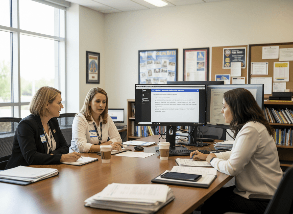 South Carolina district staff reviewing SC READY assessment parent notification documents on computer