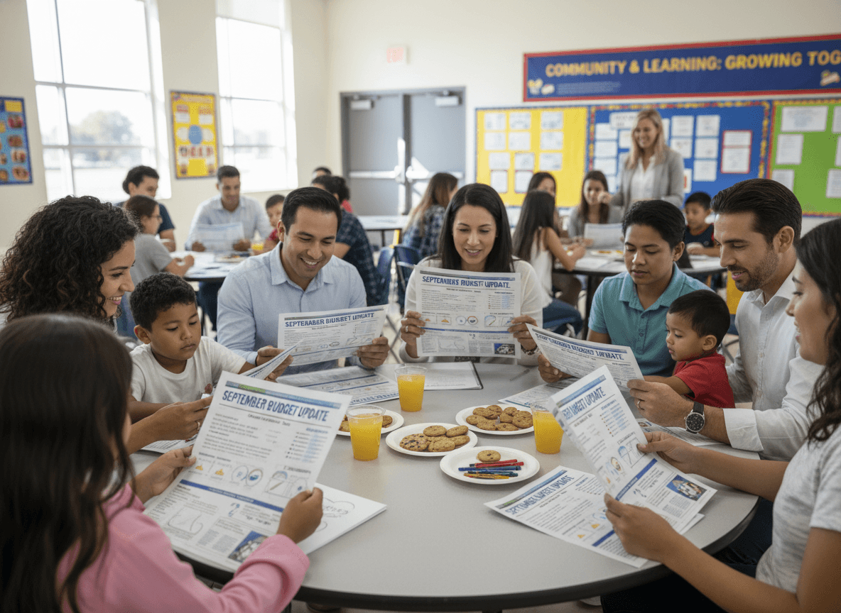Families reviewing a district September budget update newsletter at a school community meeting
