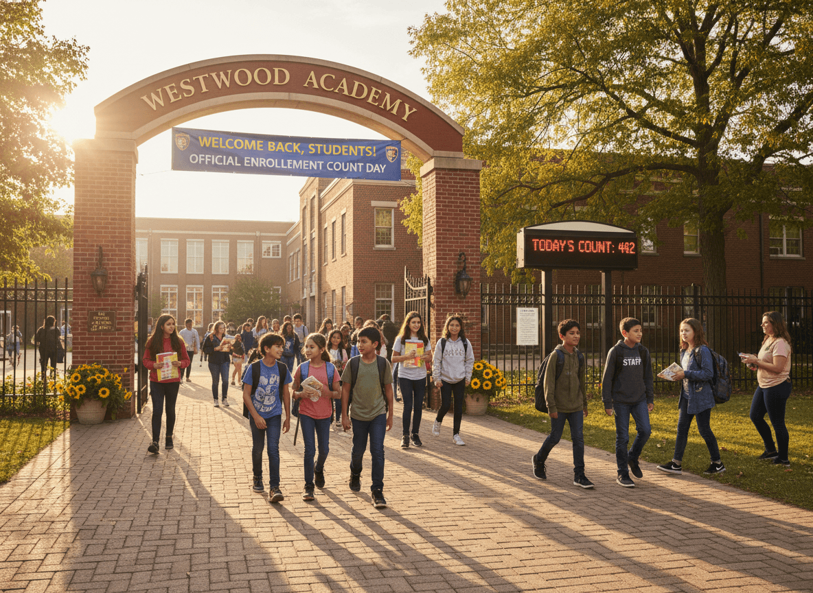 Students arriving at school on a September morning for official enrollment count day