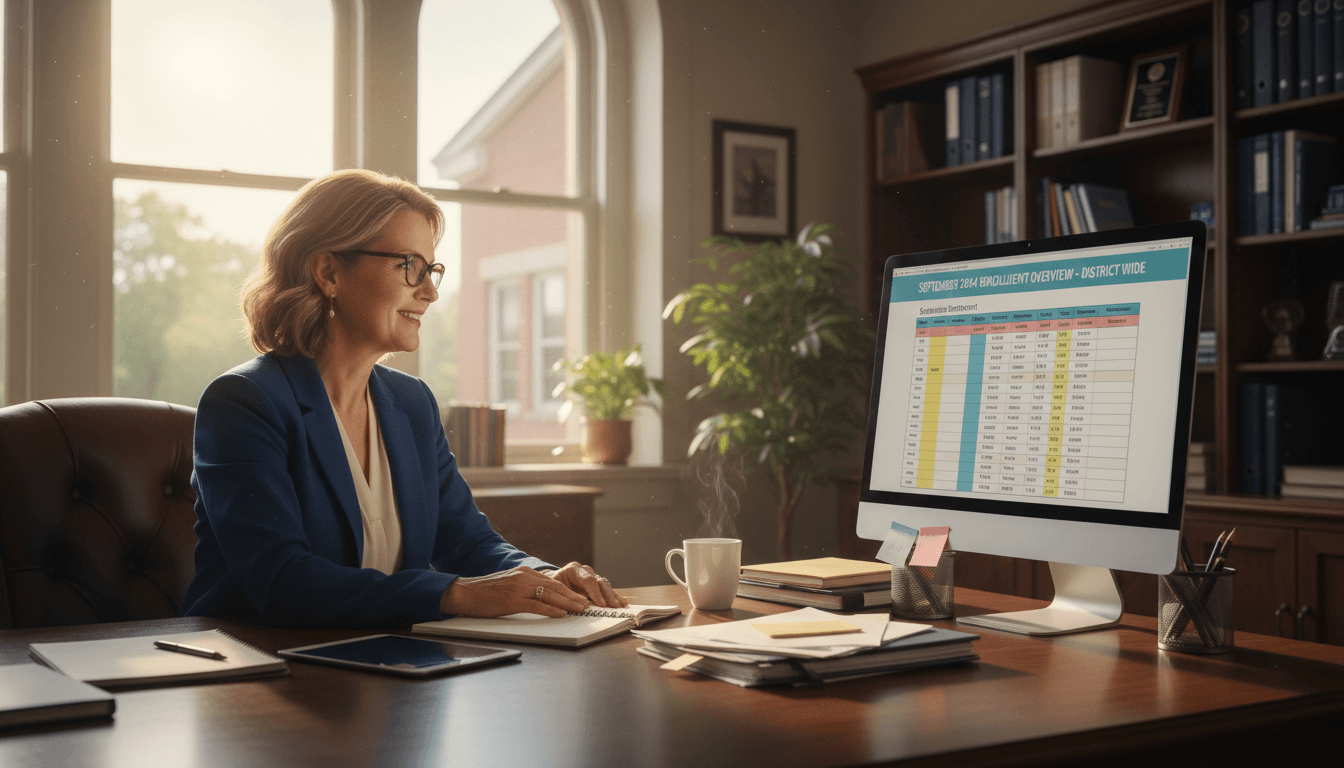 School district administrator reviewing September enrollment count data at a computer