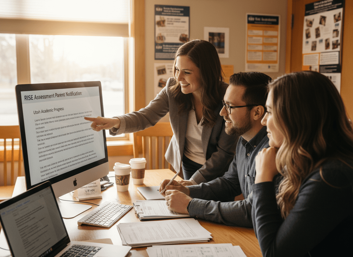 Utah district staff reviewing RISE assessment parent notification documents on computer