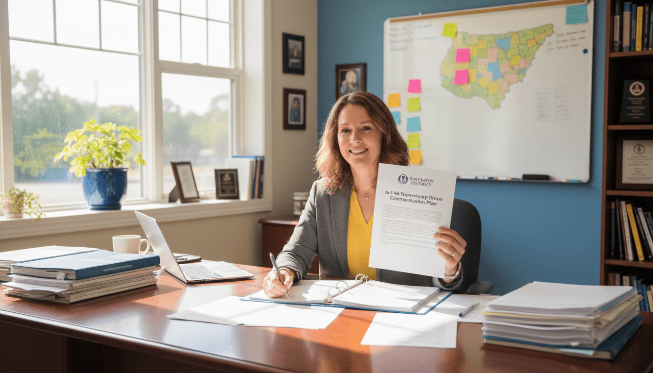 Vermont school district administrator reviewing Act 46 supervisory union communication materials in Burlington district office