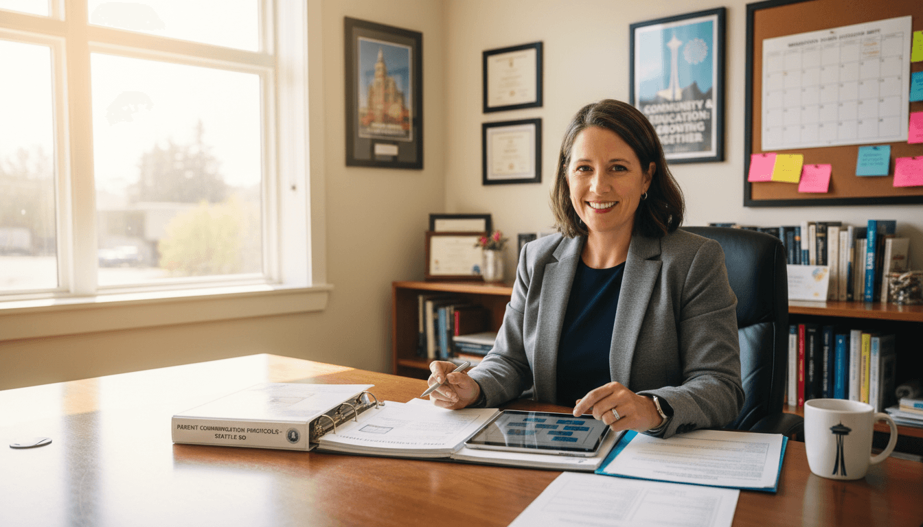 Washington school district administrator reviewing parent communication requirements in Seattle office