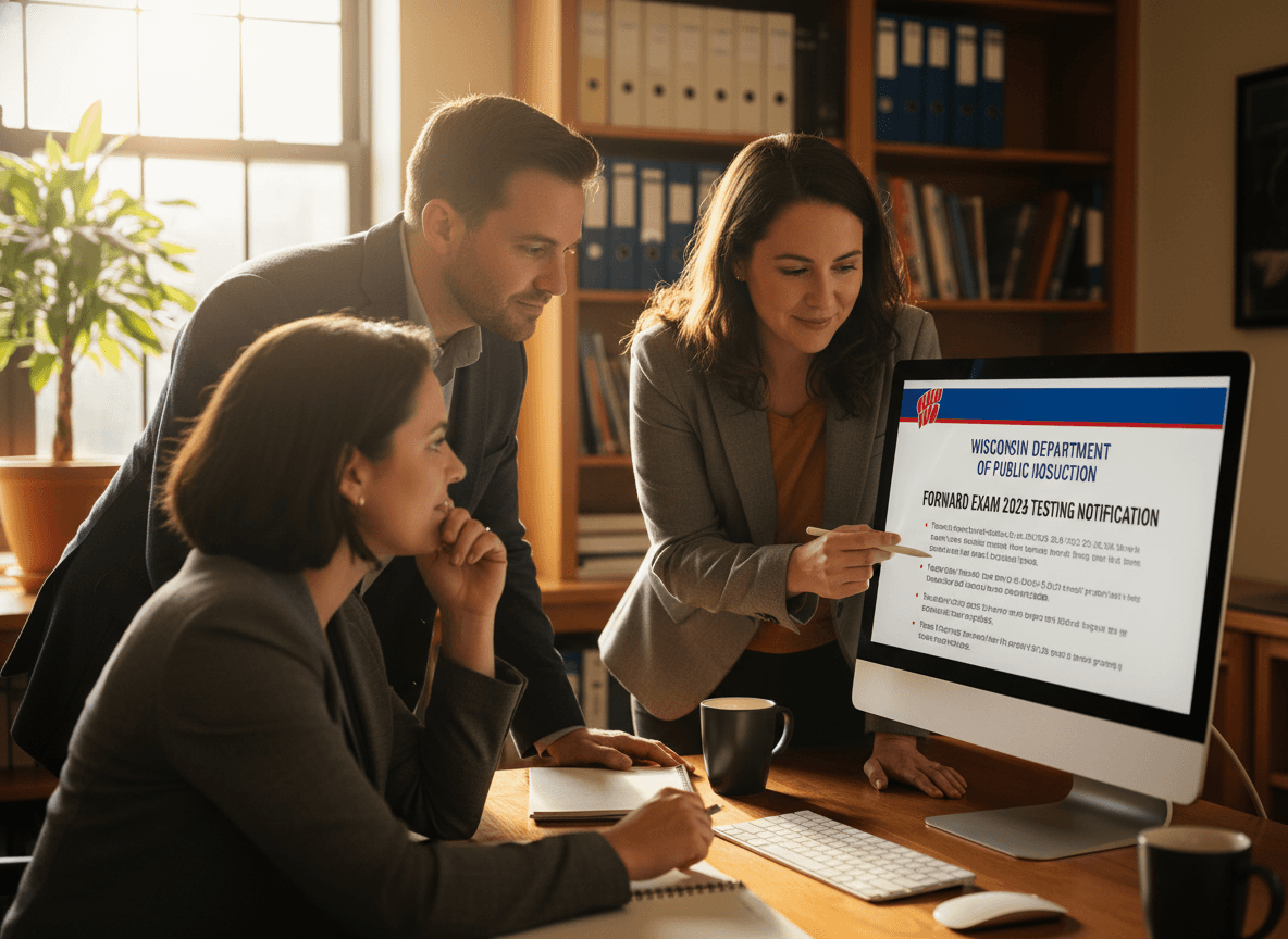Wisconsin district staff reviewing Wisconsin Forward Exam testing notification on computer