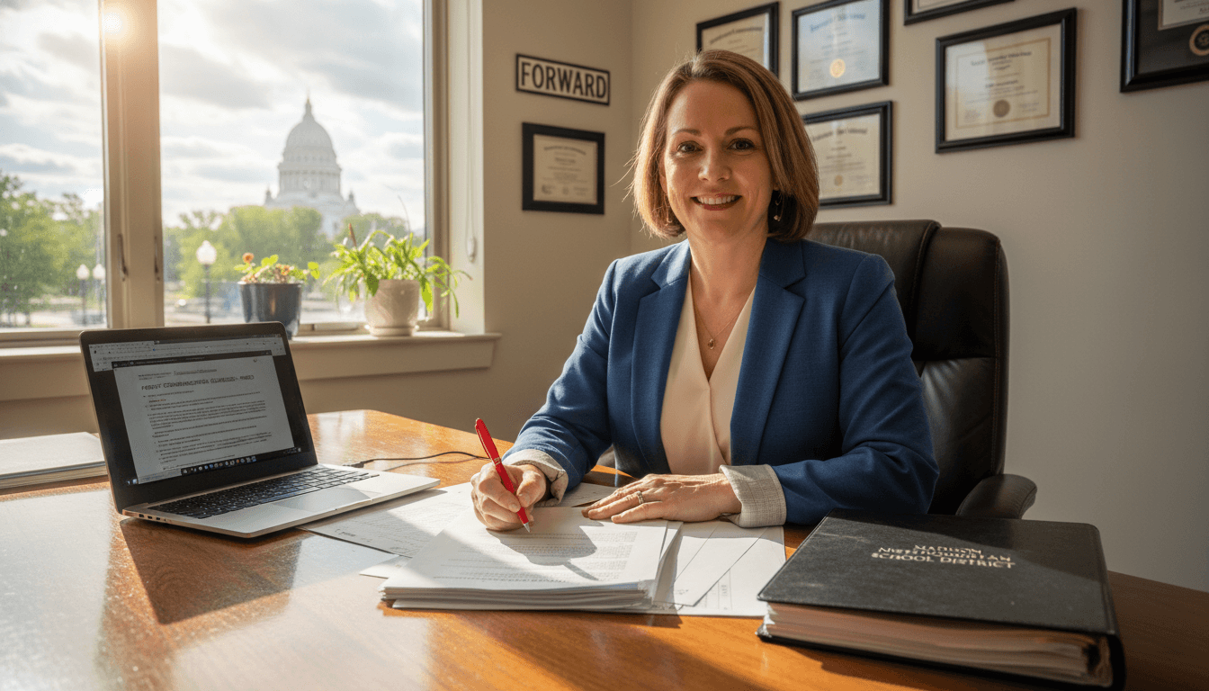 Wisconsin school district administrator reviewing parent communication requirements in Madison office