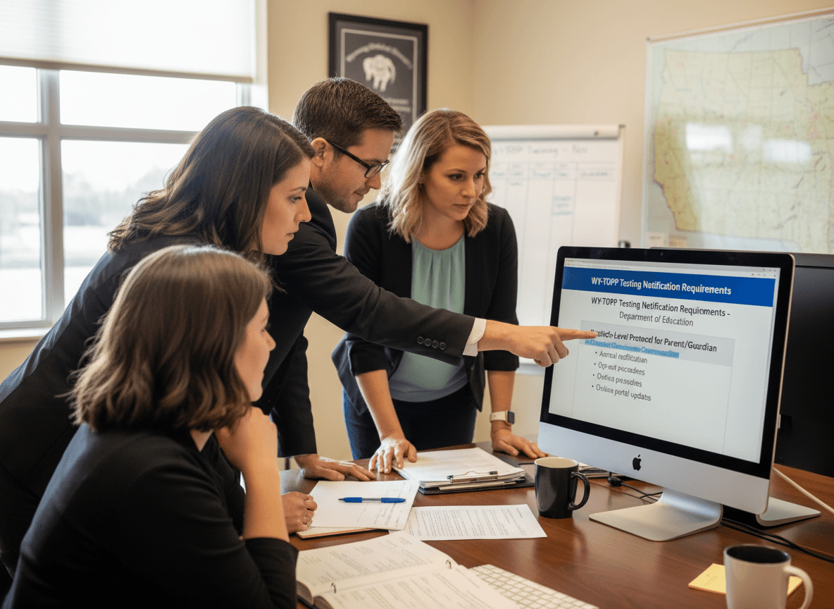 Wyoming district staff reviewing WY-TOPP testing notification requirements on computer