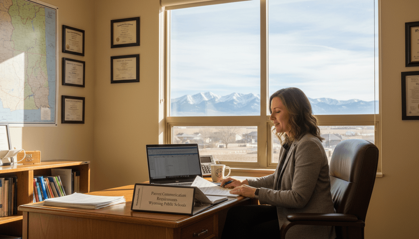 Wyoming school district administrator reviewing parent communication requirements in Cheyenne office with Wyoming mountains visible