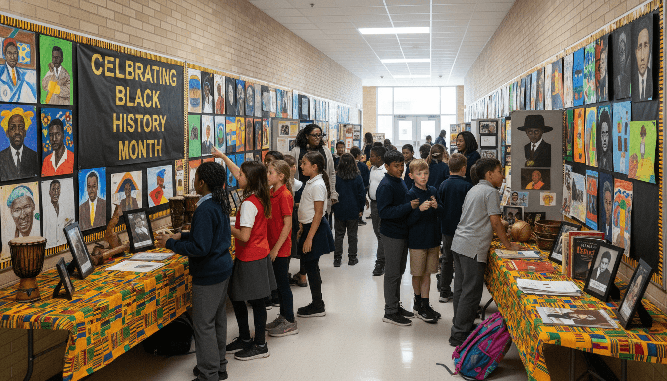 Students in a school library reading books about Black history during a February classroom activity
