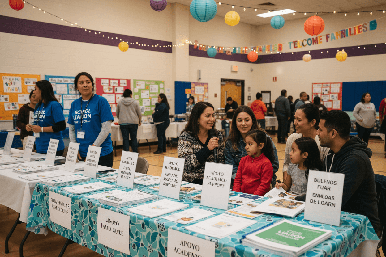 Multilingual school newsletter laid out in English and Spanish side by side with family engagement event details