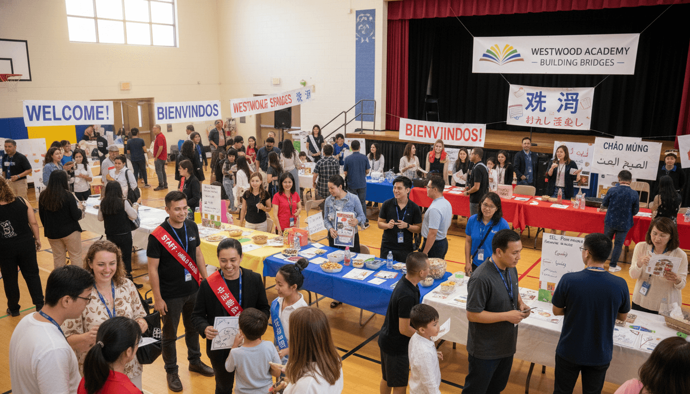 School family engagement night with multilingual welcome signs and parents from diverse language backgrounds meeting with teachers