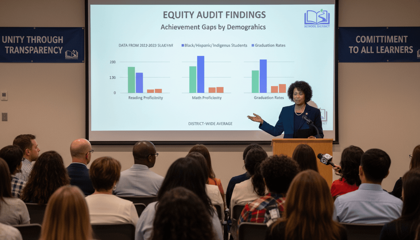 School leaders reviewing equity audit data charts together in a conference room before sharing results with the community