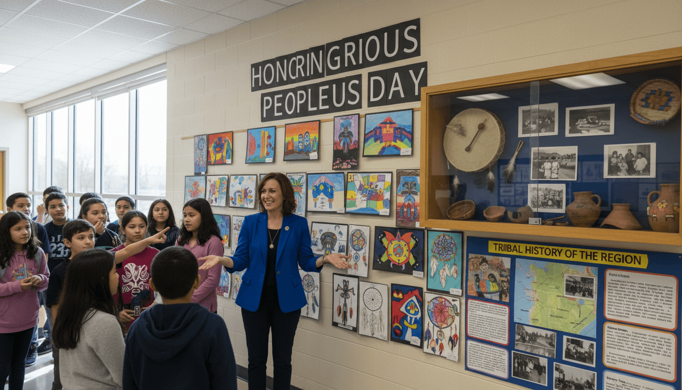 Students participating in an Indigenous Peoples Day curriculum activity in a school classroom in October