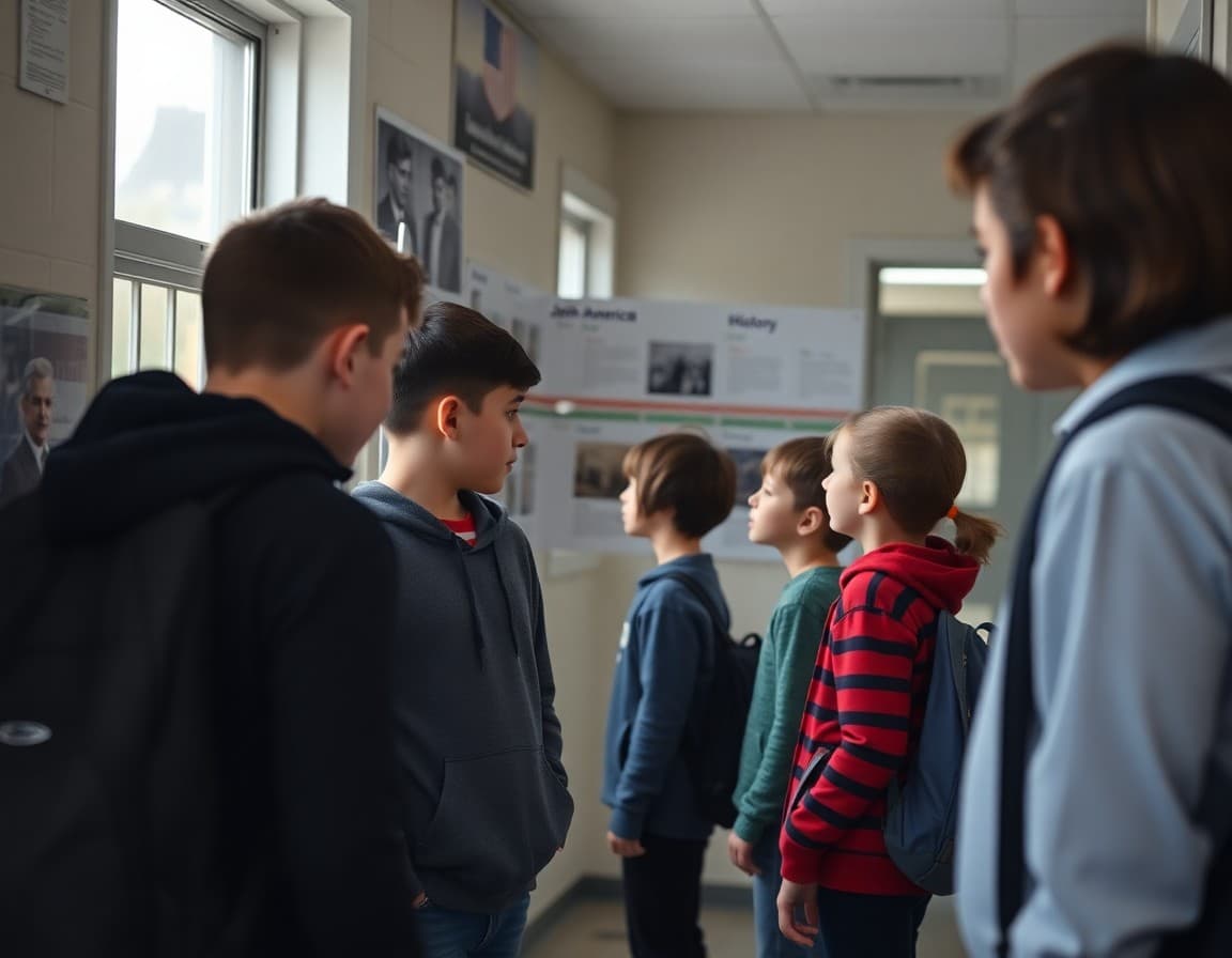 Students exploring a Jewish American history timeline display in a school hallway