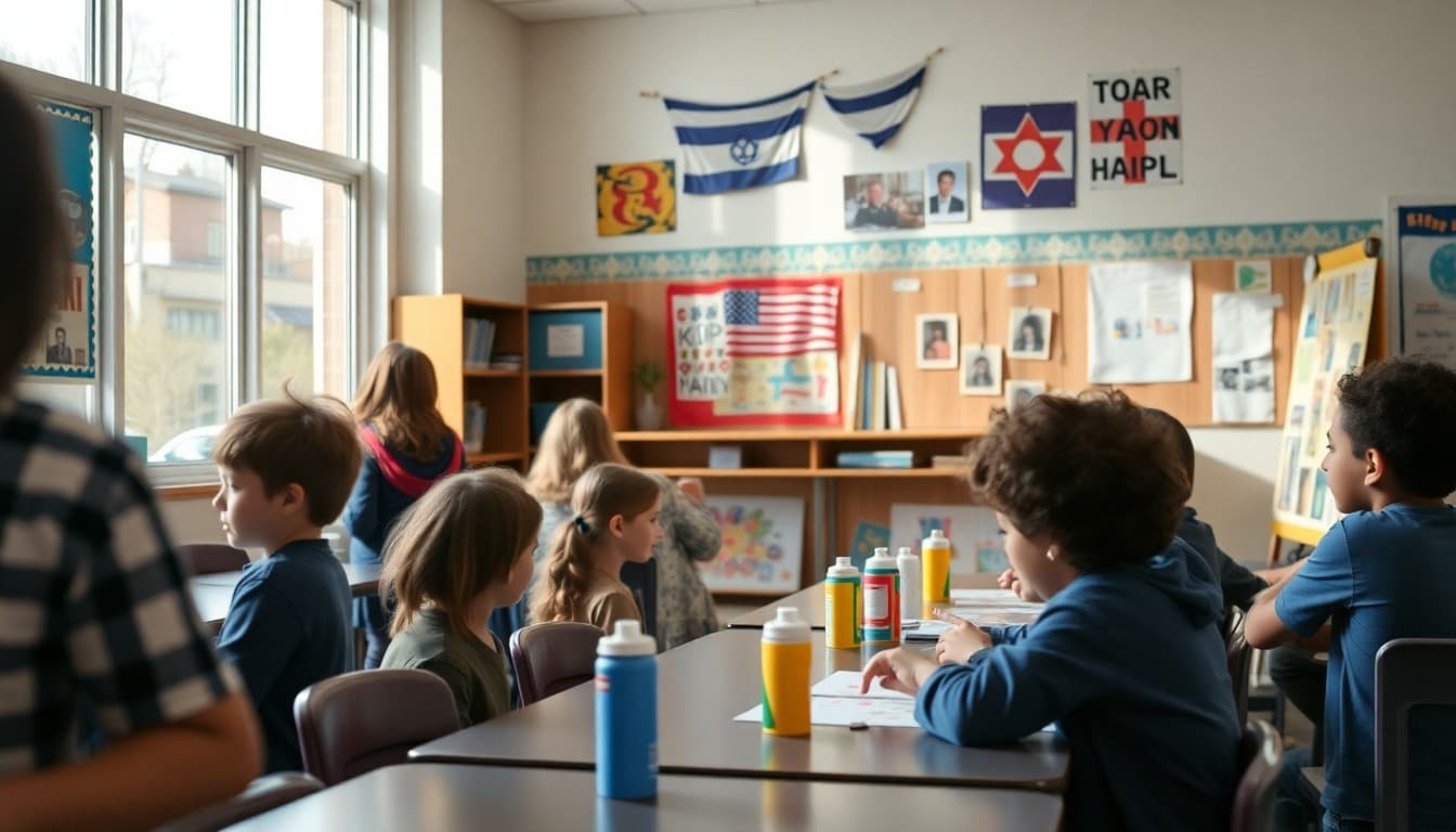 School celebrating Jewish American heritage with a cultural display and student artwork