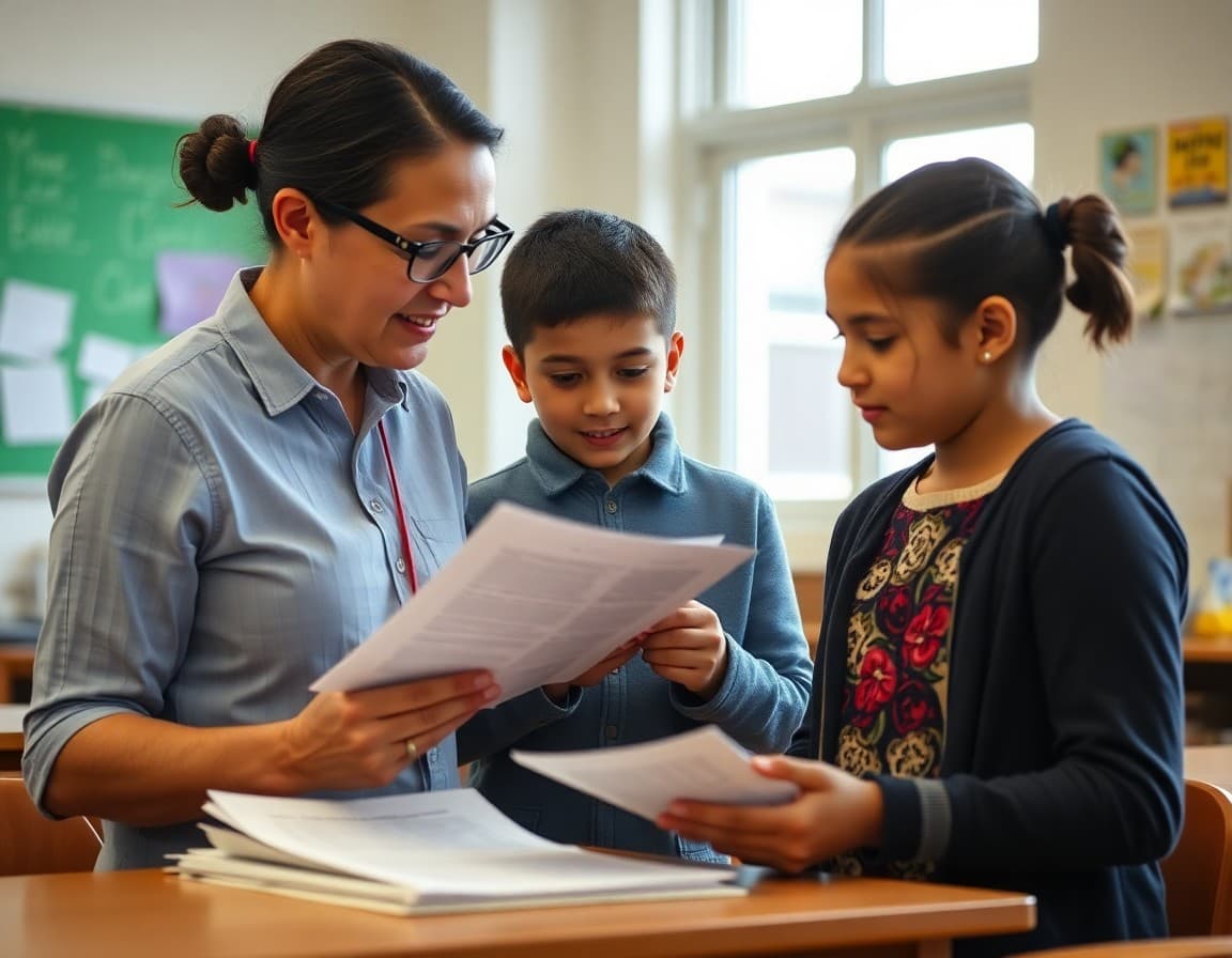 School community liaison helping ELL family navigate school documents