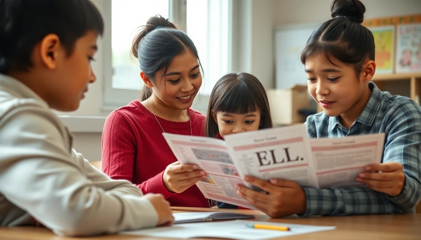 ELL family reviewing school newsletter materials in their home language