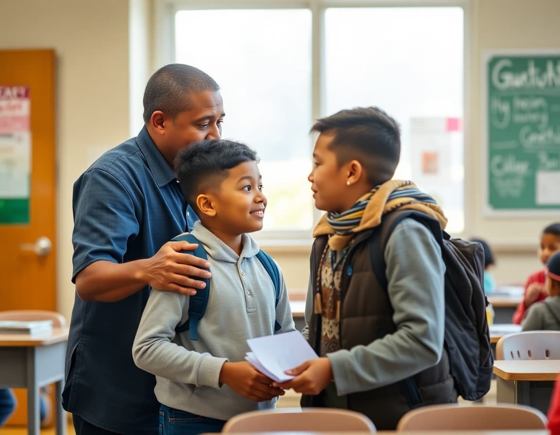 School principal welcoming a newly enrolled immigrant student to the classroom