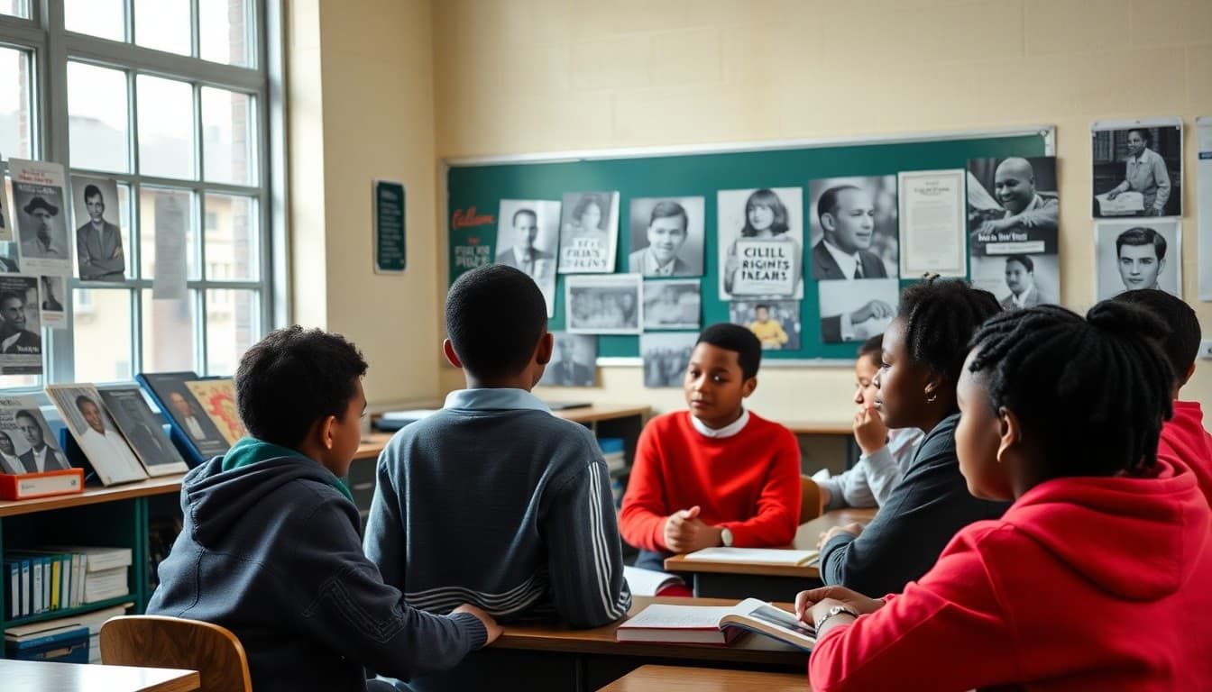 Students at school discussing civil rights history with books and photographs on display