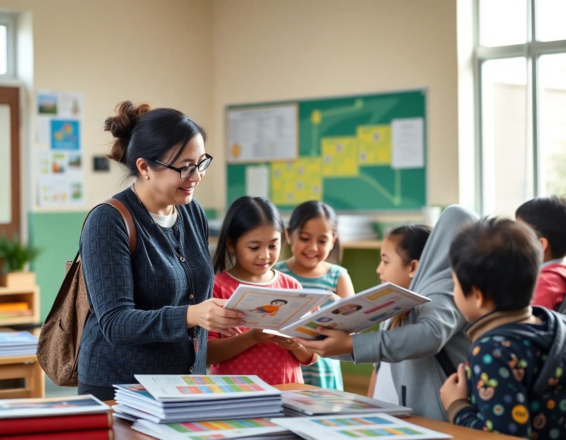 School staff member assisting multilingual family with resource materials in community center
