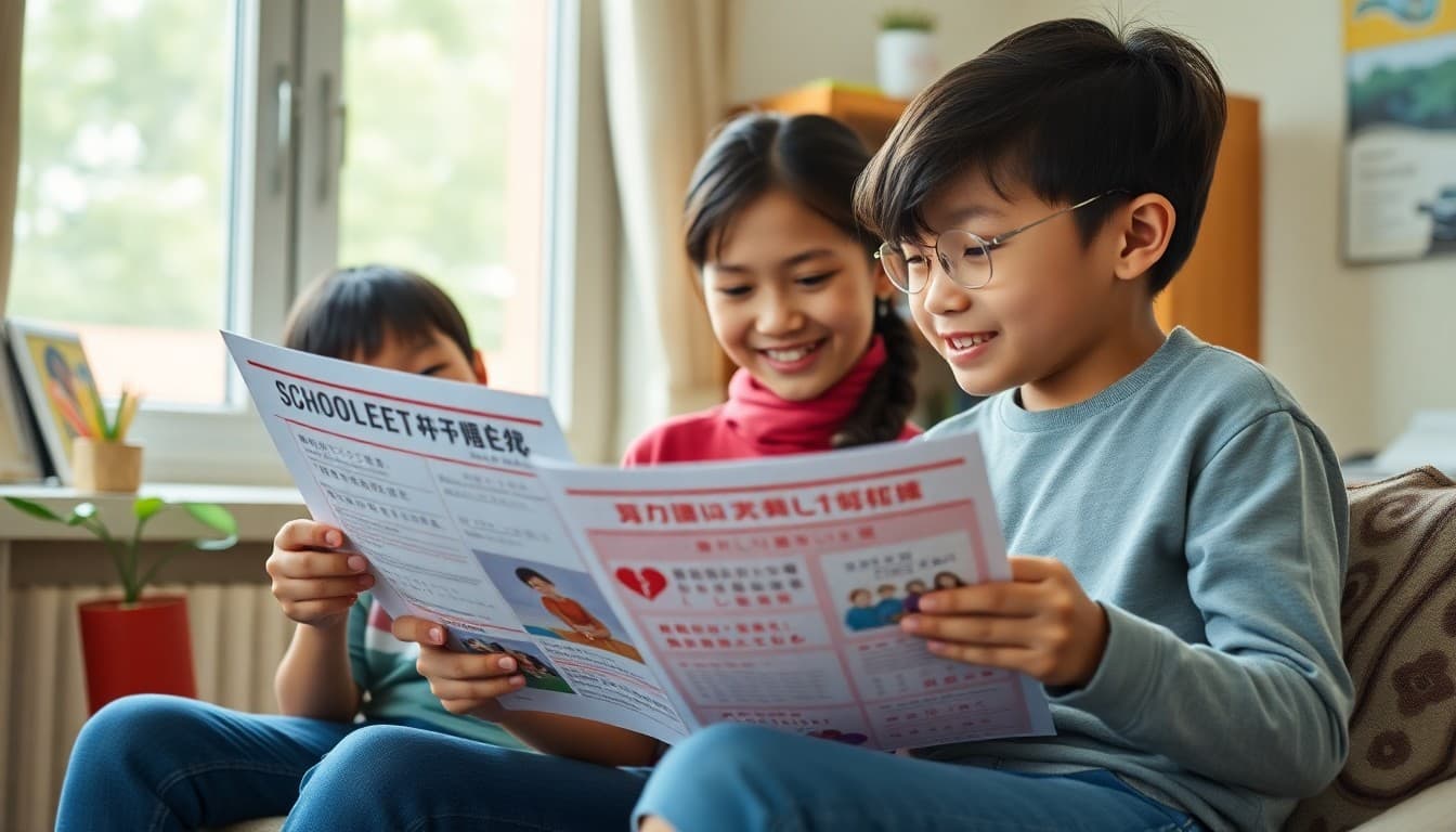 Multilingual family reading school newsletter materials in multiple languages at home