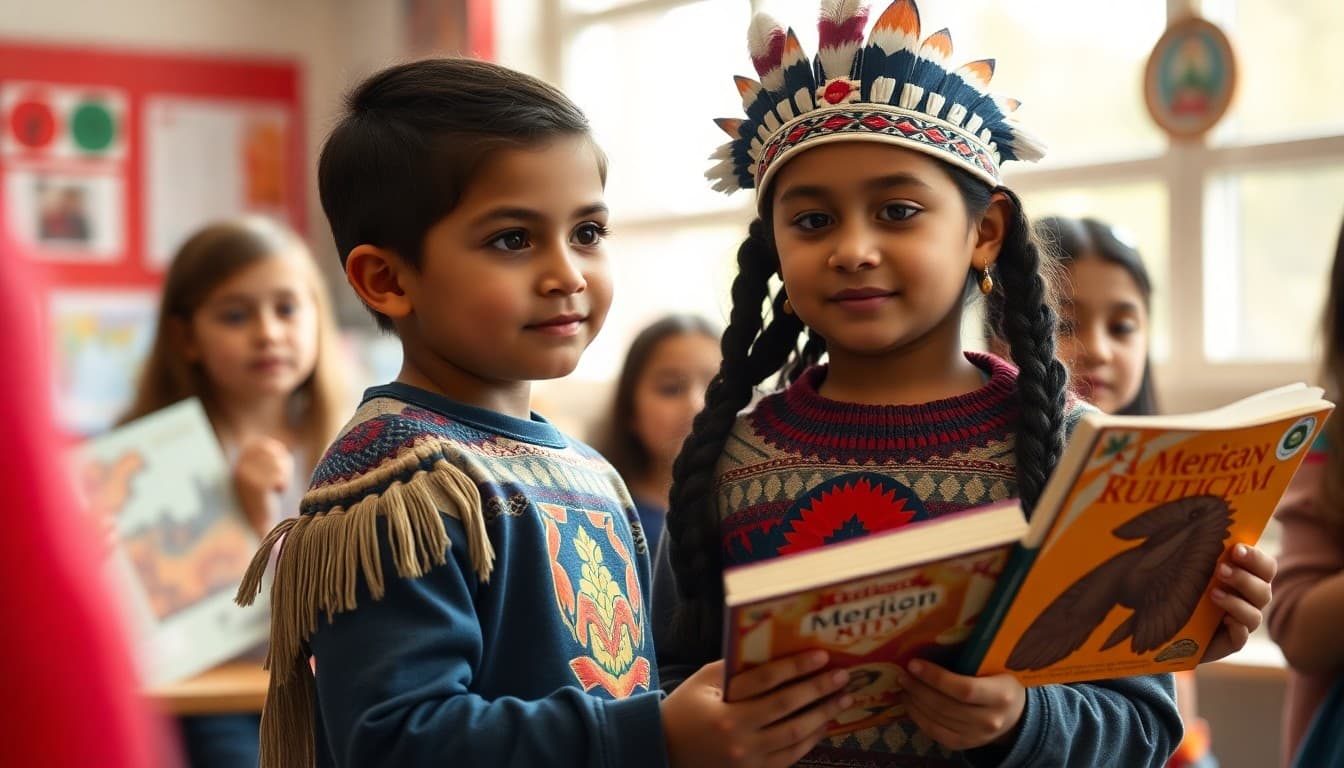 Students at school honoring Native American Heritage Day with indigenous art and cultural books