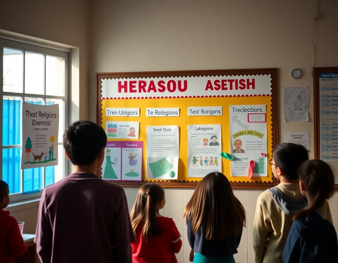 School bulletin board showing religious diversity awareness displays