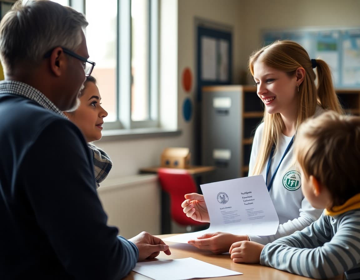 Parent receiving information about school resource programs from a staff member