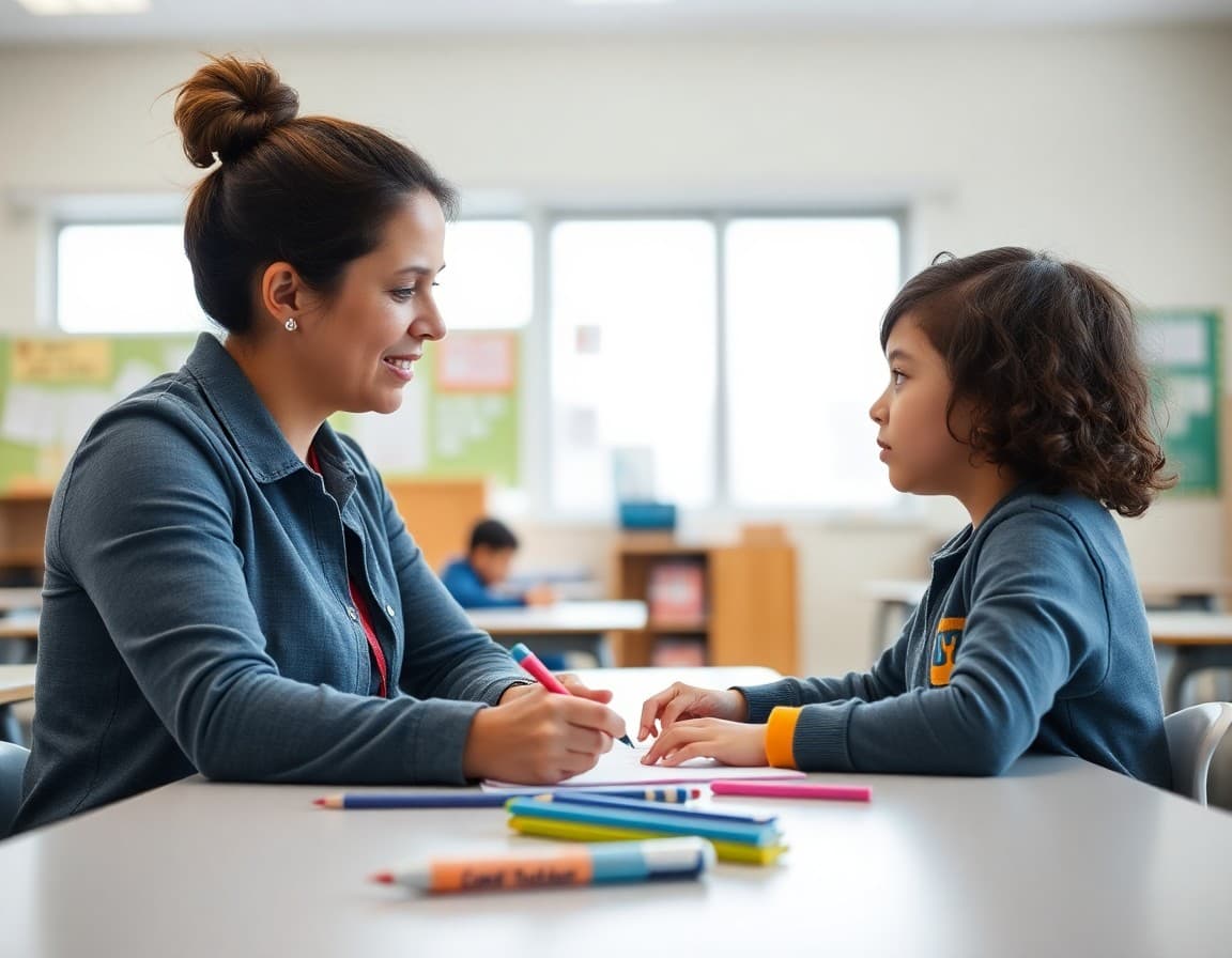 Special education teacher and student working together at a classroom table