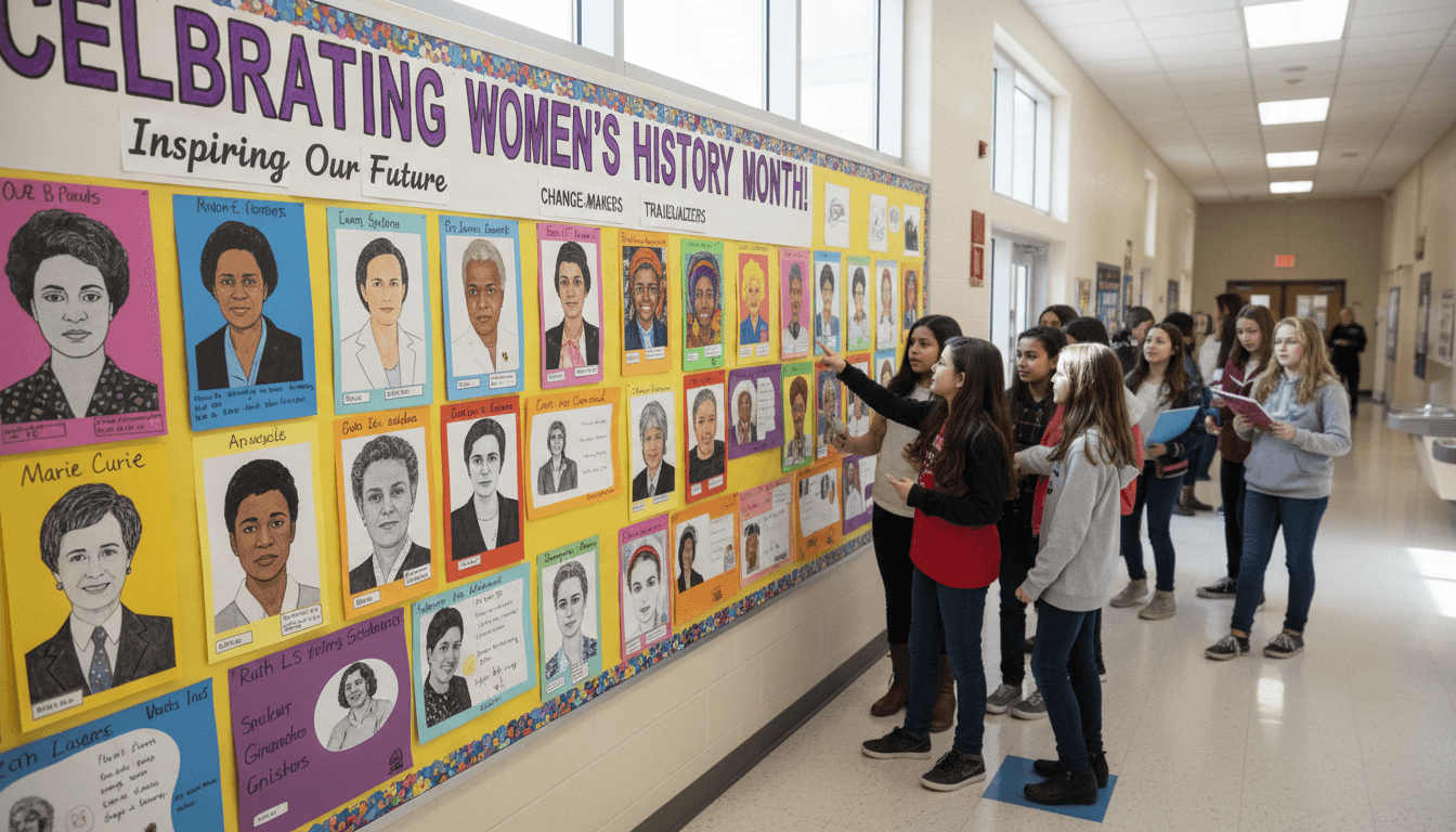 Students at a Women's History Month event in a school gymnasium, featuring a display of women leaders across science, art, and politics