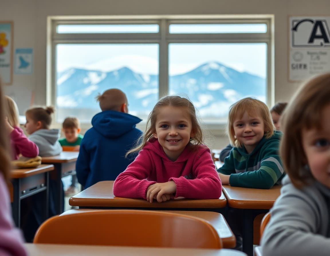 Elementary students in an Alaska school with snowy mountains visible through the classroom window
