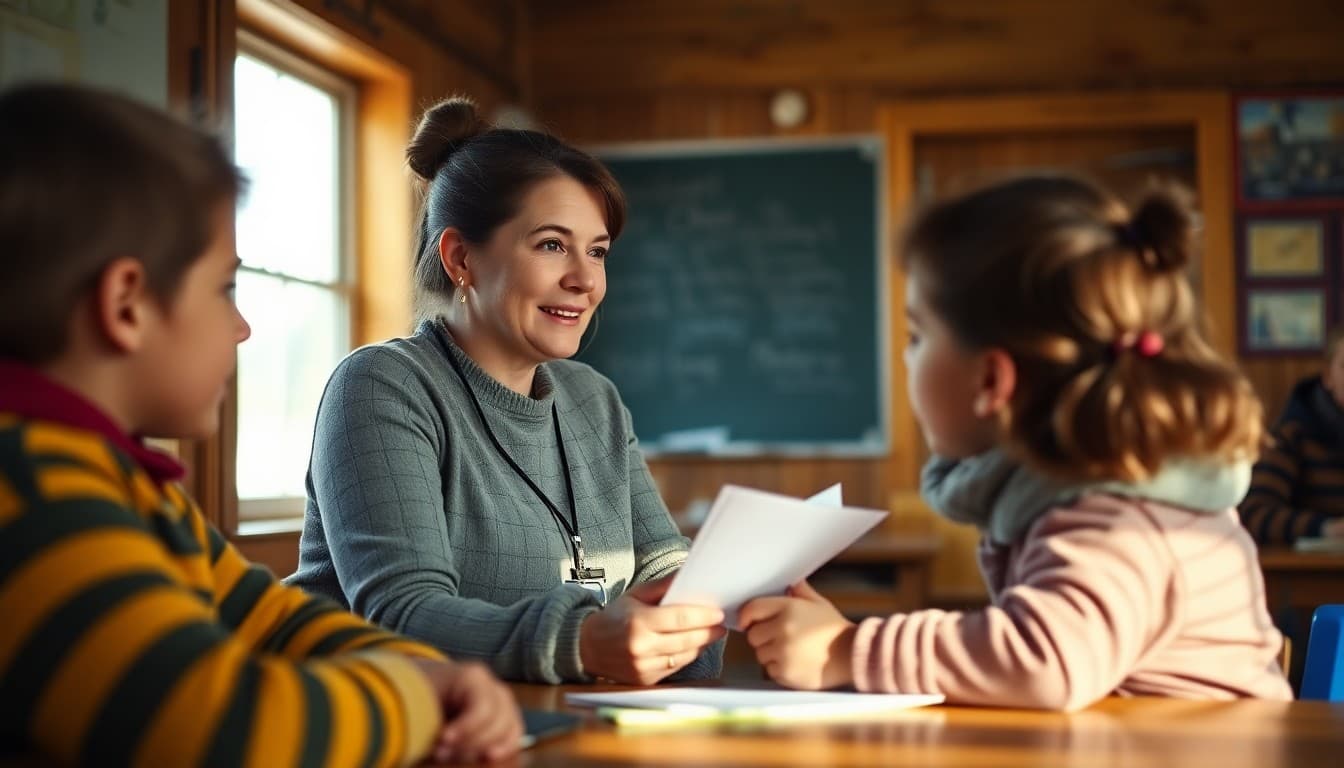 Alaska elementary school teacher in a remote village school communicating with a parent