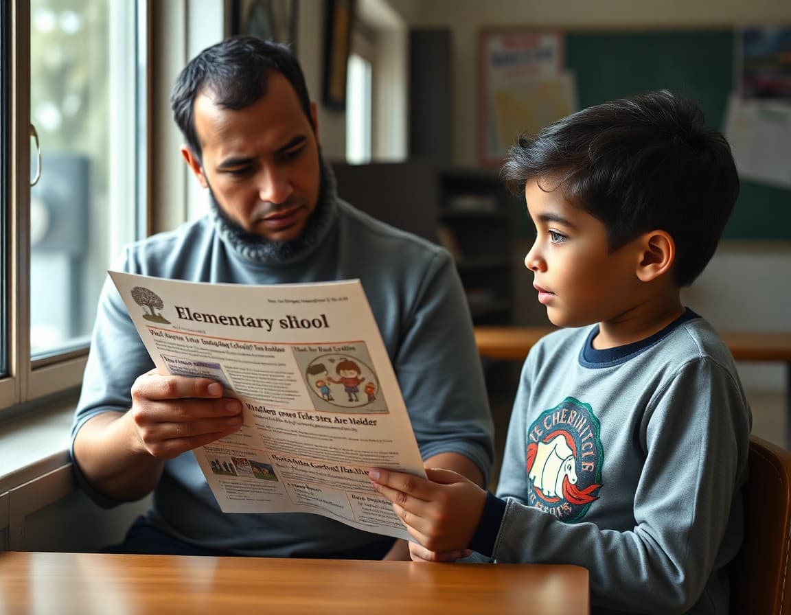 Elementary school newsletter being read by a parent in Alabama with a child looking on