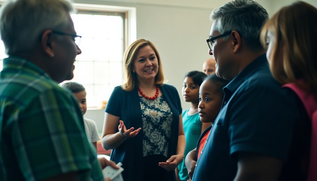 Alabama elementary school teacher communicating with parents at a school event in the South