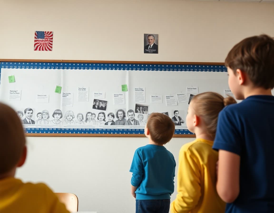 Children looking at a timeline of American history events on a classroom wall display