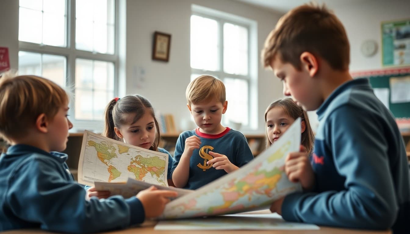 Elementary students examining historical maps and primary source documents in a social studies class