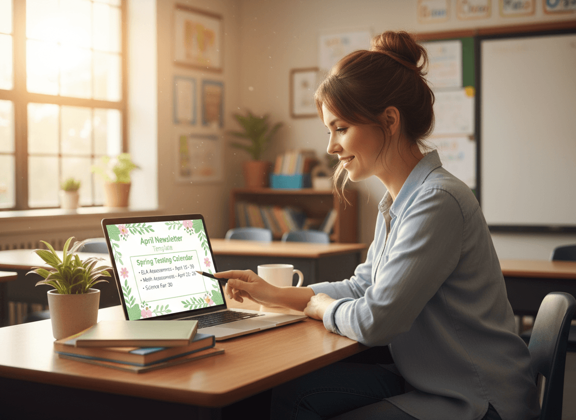 Elementary teacher reviewing April newsletter template with spring testing calendar on desk