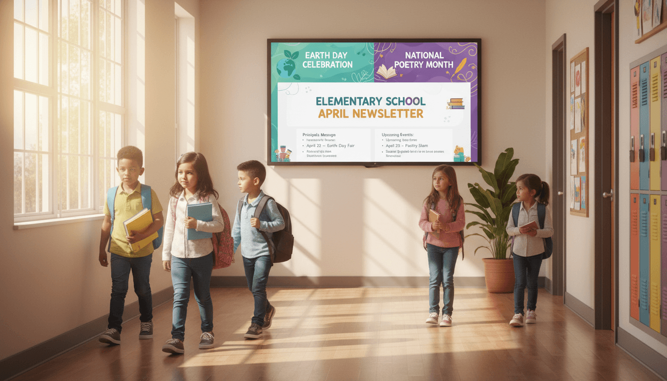 Elementary school April newsletter on screen with Earth Day and National Poetry Month banners in school hallway