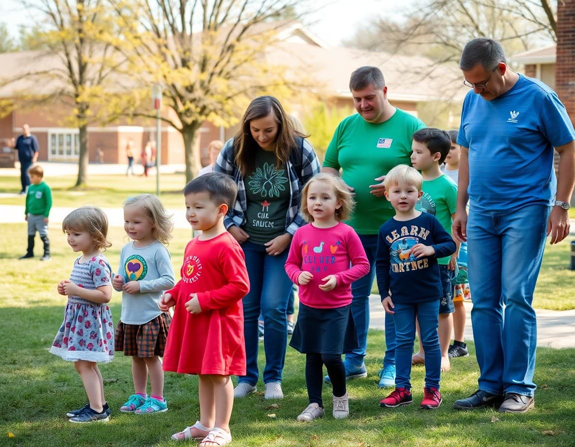 Children and parents at an Arkansas elementary school outdoor event in spring