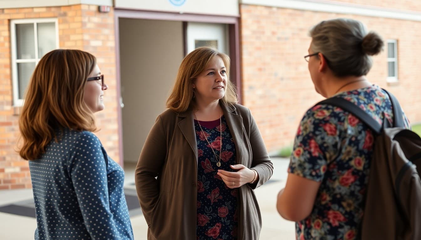 Arkansas elementary school teacher talking with parents outside a school in a small town