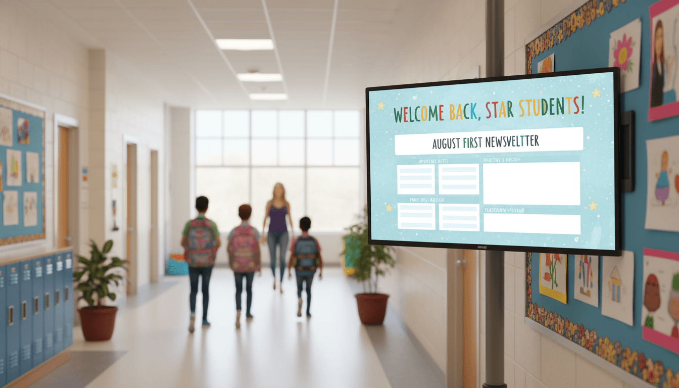 Elementary school August first newsletter template on screen with welcome back banner in school hallway