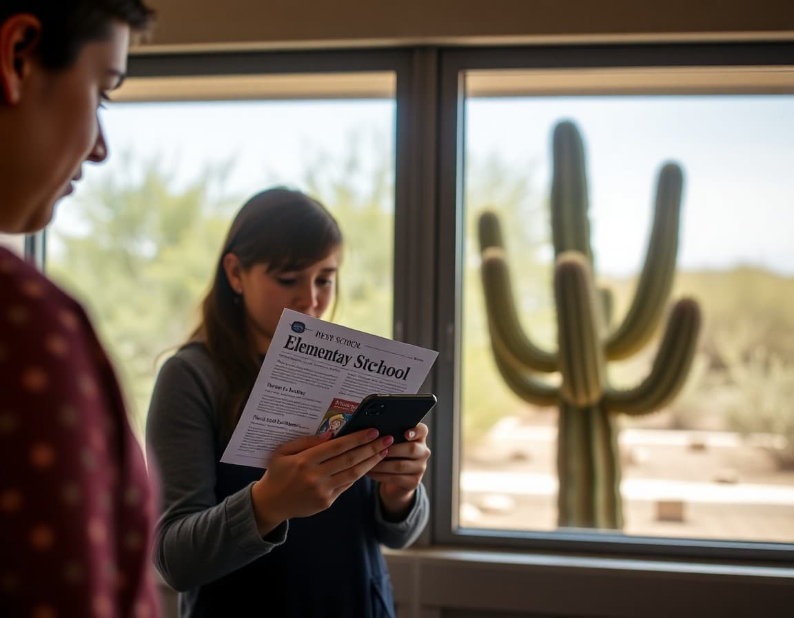 Parent reading Arizona elementary school newsletter on phone near saguaro cactus