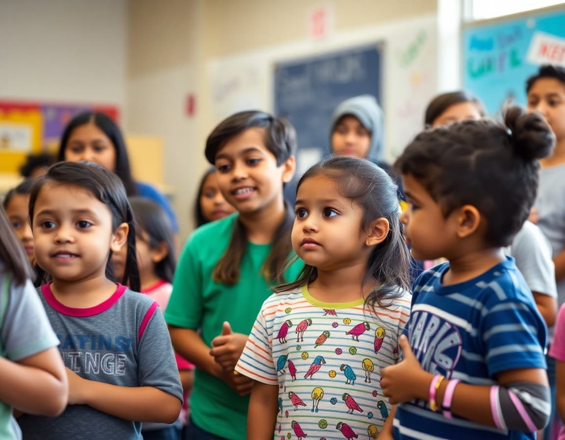Diverse group of elementary students and parents at a California school event