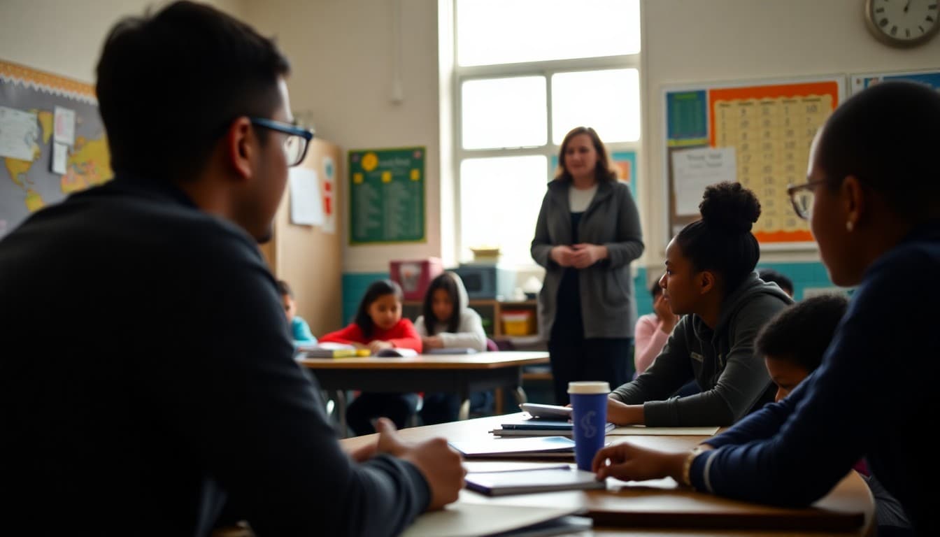 California elementary school teacher at a parent meeting in a diverse urban school